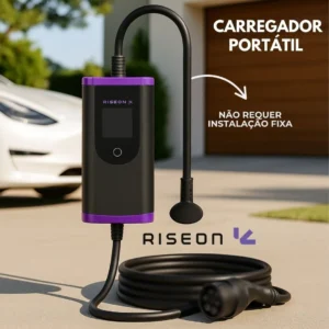 Carregador Veicular portátil Ev Riseon 7kw Tipo2 220v Ip65 Rfid Wi-fi Preto